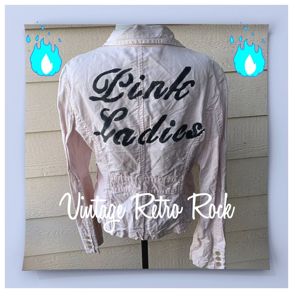 J. Crew Handpainted Pink Ladies Denim Jean Jacket Women Casual Retro Gre…